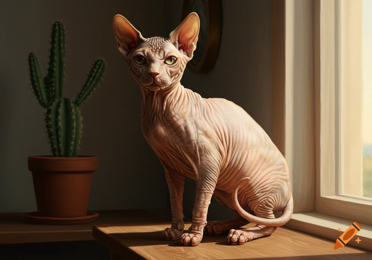 A Sphynx cat with wrinkled, potato-like skin sits on a wooden table next to a potted cactus, looking directly at the viewer. Sunlight streams in from a window on the right.