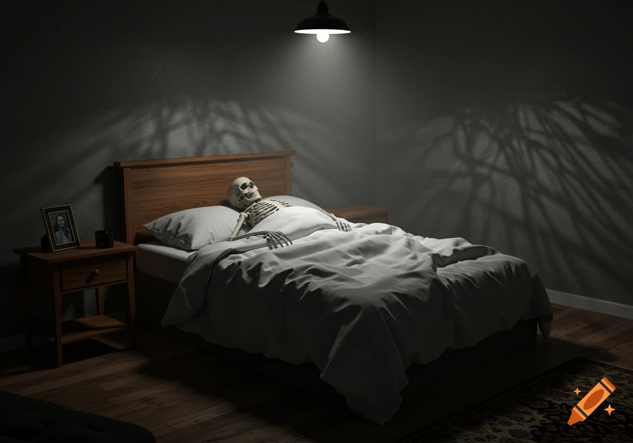A photorealistic skeleton lies in a dimly lit bed in a dark bedroom, creating a horror-movie atmosphere.