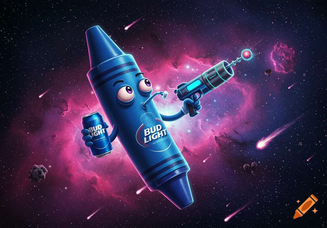 A blue cartoon crayon in space holds a Bud Light can and a raygun, with pink nebulae and meteors in the background.