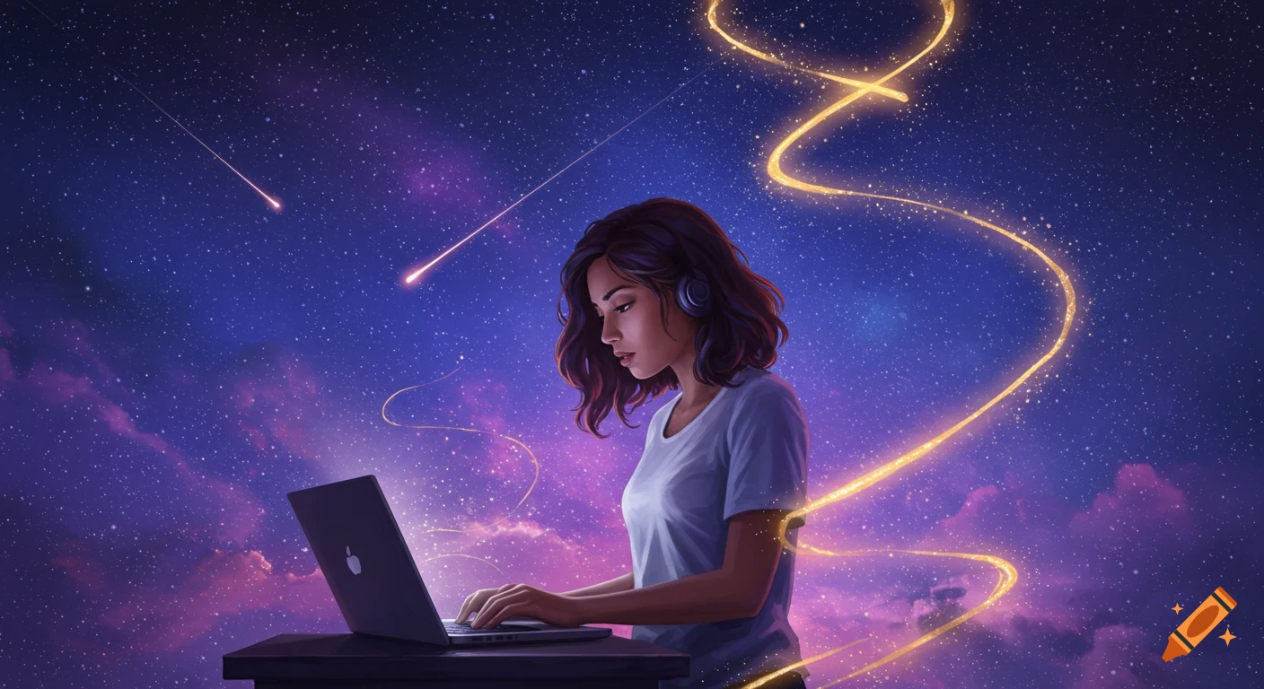 Young woman in headphones working on a laptop under a vibrant, starry night sky with shooting stars and glowing trails, digital art.