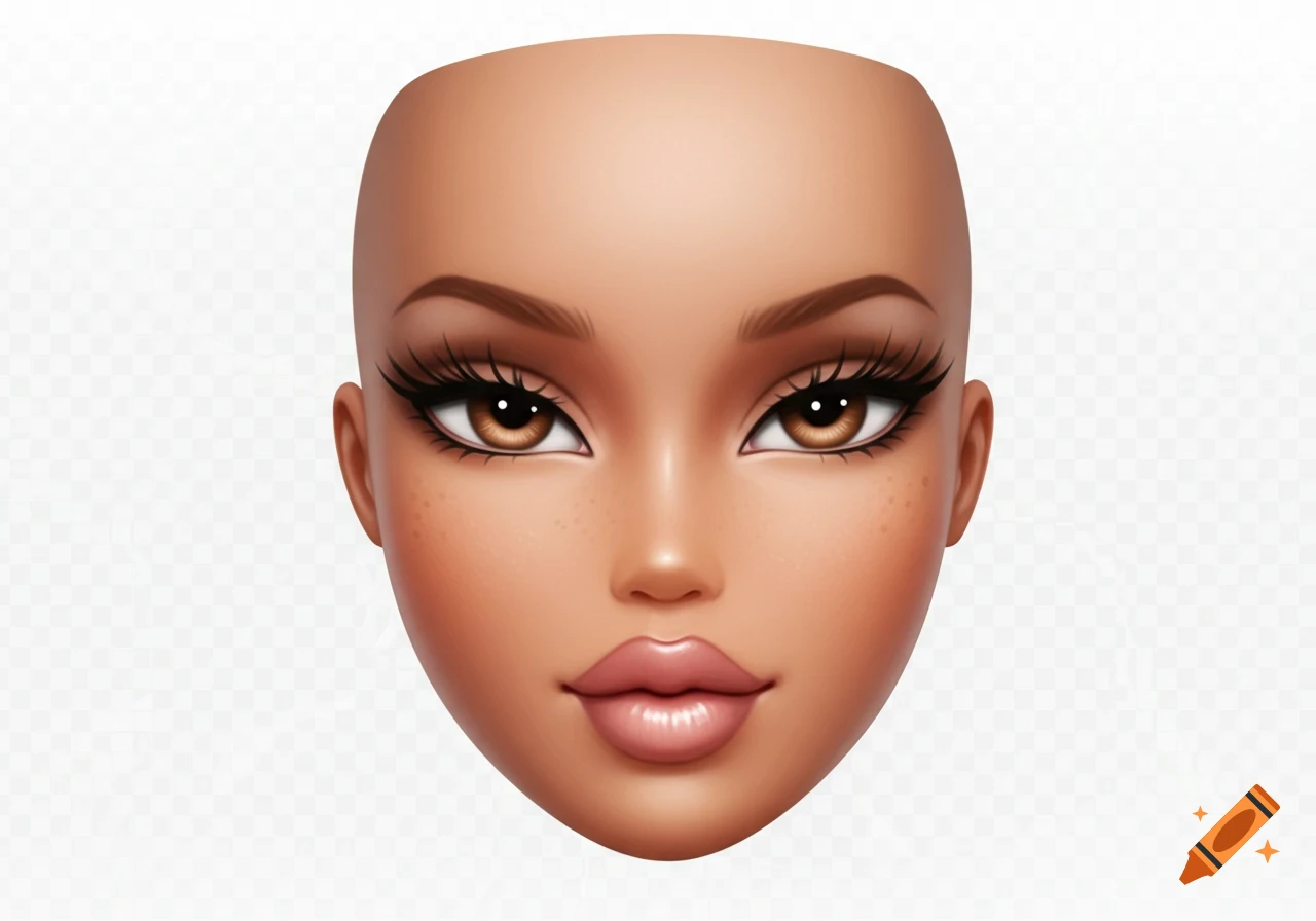 Digital art portrait of a Bratz-style doll face with brown eyes, long eyelashes, full lips, and freckles on a transparent background.