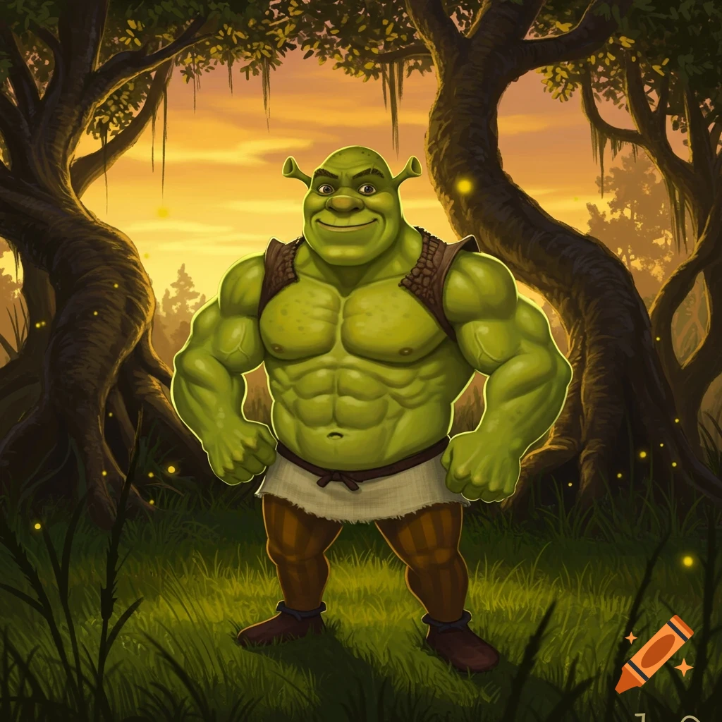A muscular, green Shrek with a six-pack stands in a fantasy forest at sunset, drawn in an illustrative style.