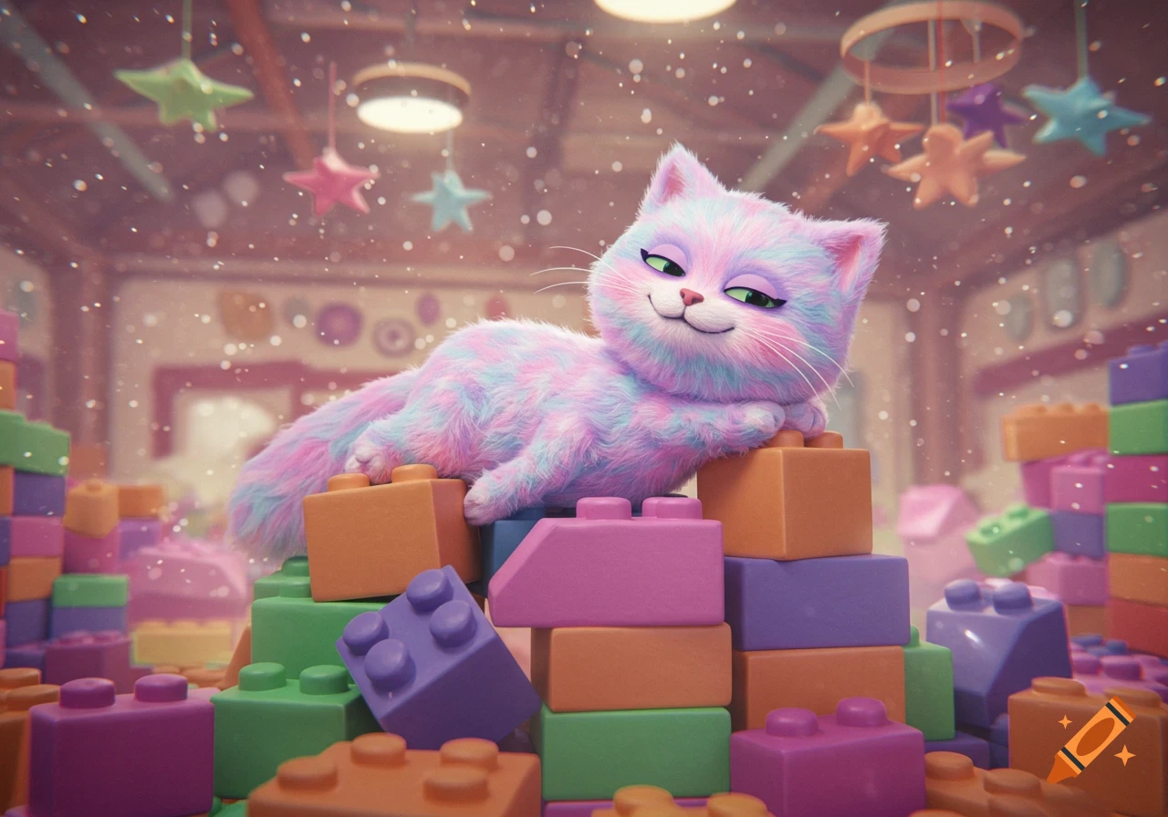 A whimsical, fluffy cartoon cat with pink and blue fur smiles while lounging on a pile of colorful building blocks in a sparkly playroom.