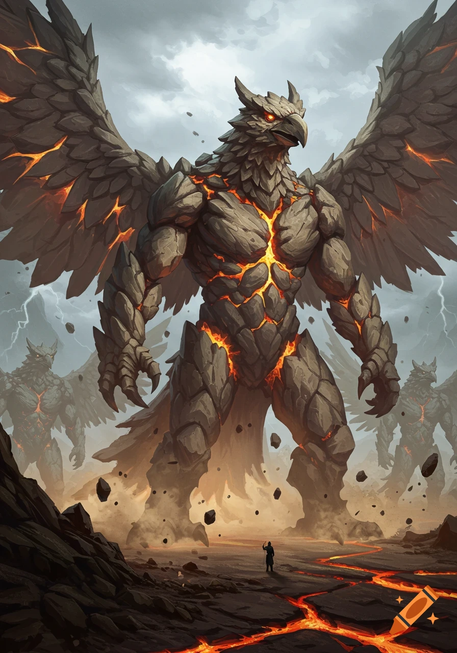 Giant winged rock elemental monsters with glowing lava cracks loom over a small figure in a desolate, stormy landscape.