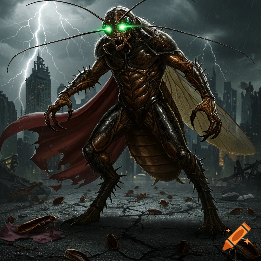 Giant humanoid cockroach monster with glowing green eyes and a red cape stands in a stormy, ruined city with lightning and smaller cockroaches.