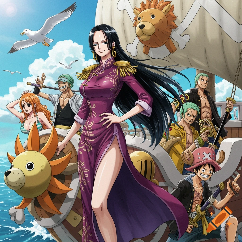 Boa Hancock and the Straw Hat Pirates on the Sunny ship, sailing on a bright blue ocean under a clear sky, in anime style.