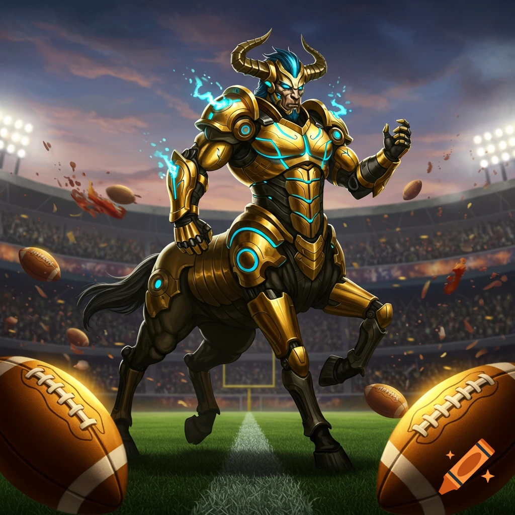 Muscular, gold and blue armored centaur with glowing accents runs on a football field in a stadium with footballs flying around.