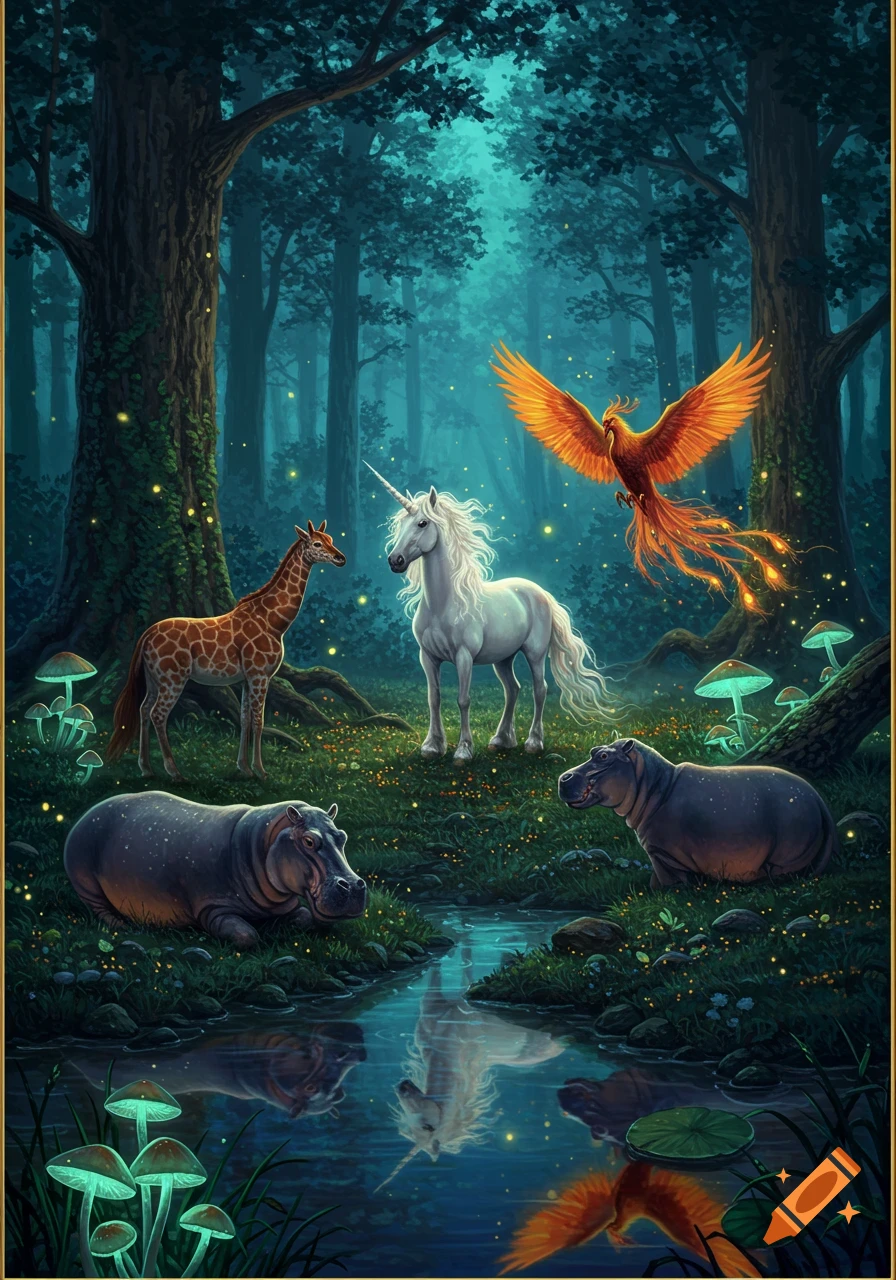 Vibrant fantasy illustration of a unicorn, giraffe, two hippos, and a phoenix in a mystical glowing forest with a stream.
