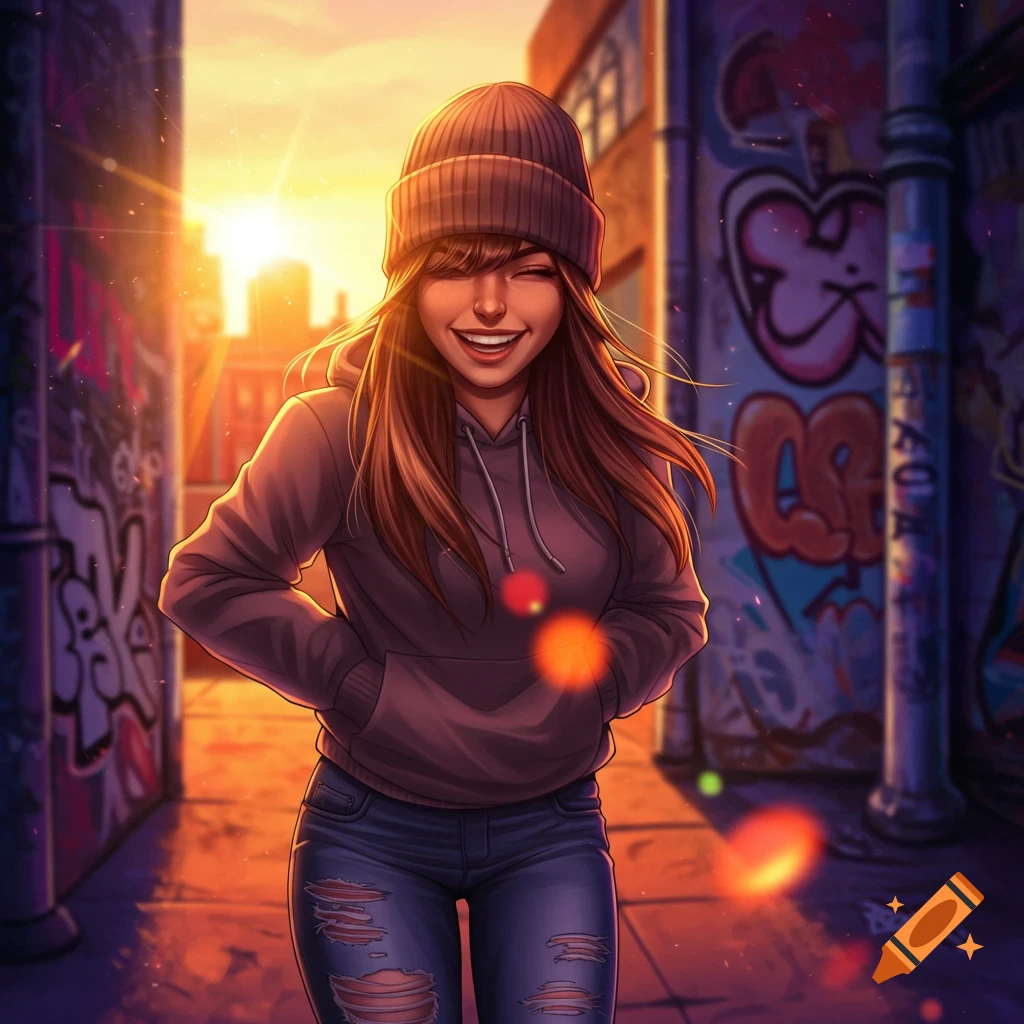 An illustrative portrait of a smiling young woman in a beanie and ripped jeans, standing in a graffiti-covered urban alleyway at sunset.