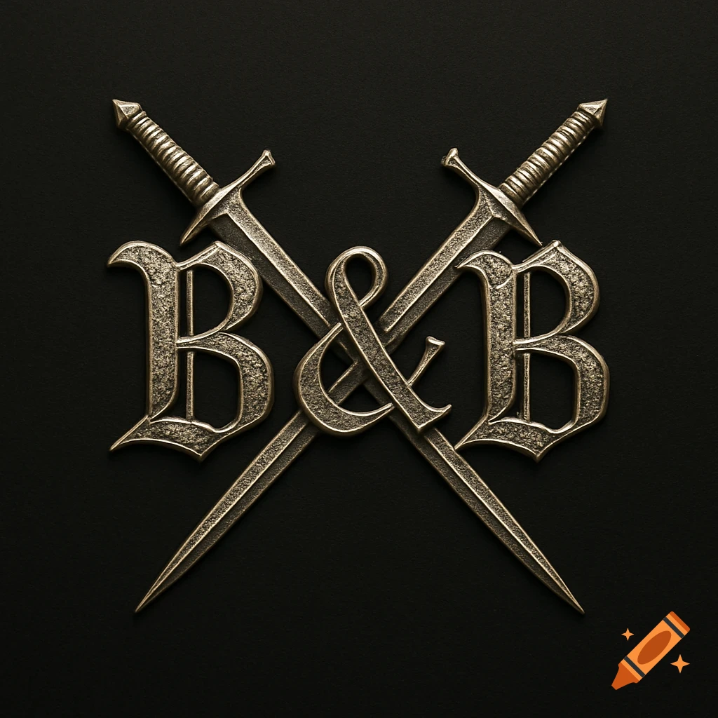 Bronze-colored logo with two ornate 'B' letters and an ampersand '&' crossed by two medieval swords on a dark background.