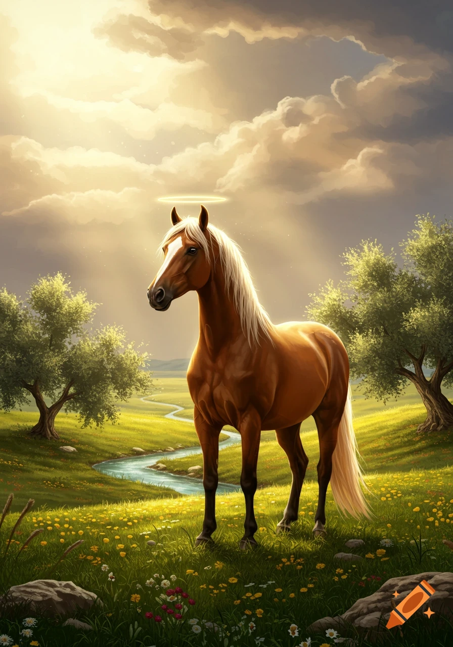 A majestic brown horse with a glowing halo stands in a sunlit green meadow with a winding stream and trees, digital painting.