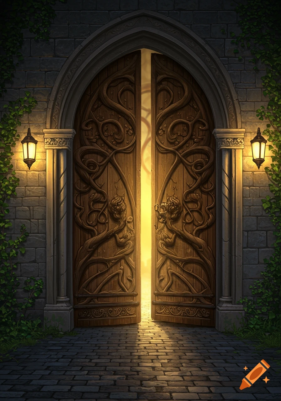 Ornate, intricately carved wooden doors in a stone archway, slightly ajar with a bright golden light streaming from within, flanked by lanterns and ivy.