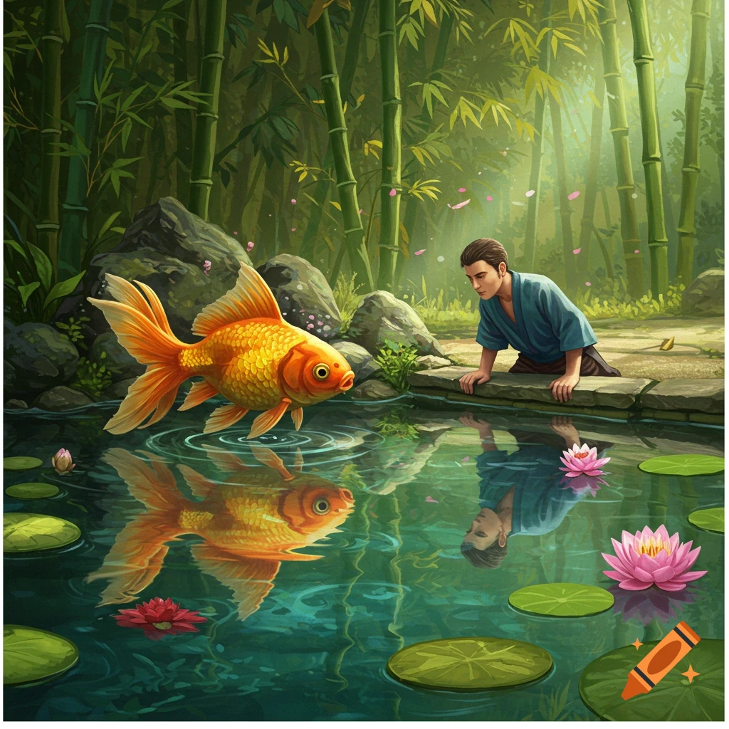 Vibrant illustration of a man observing a large orange goldfish hovering over a pond with water lilies in a bamboo forest.
