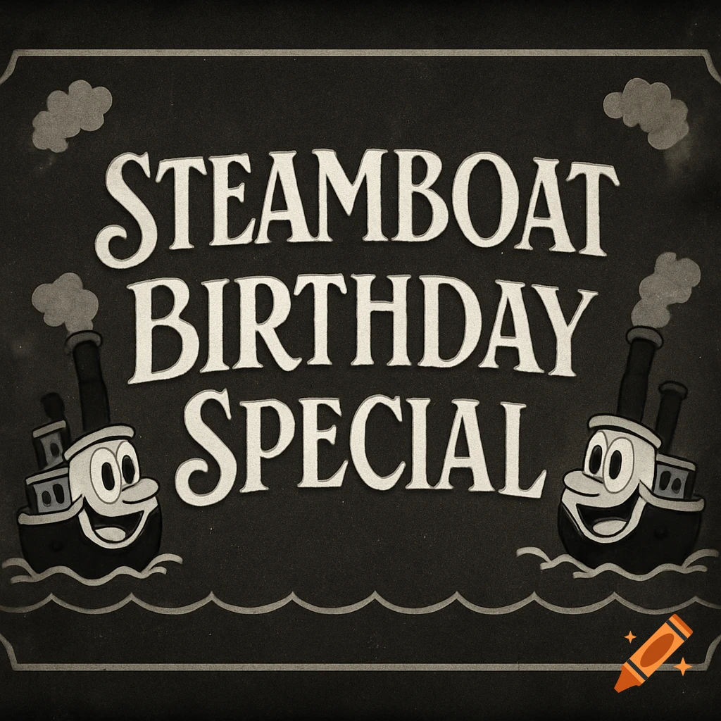 Black and white vintage cartoon title card with two happy steamboats and the text STEAMBOAT BIRTHDAY SPECIAL.