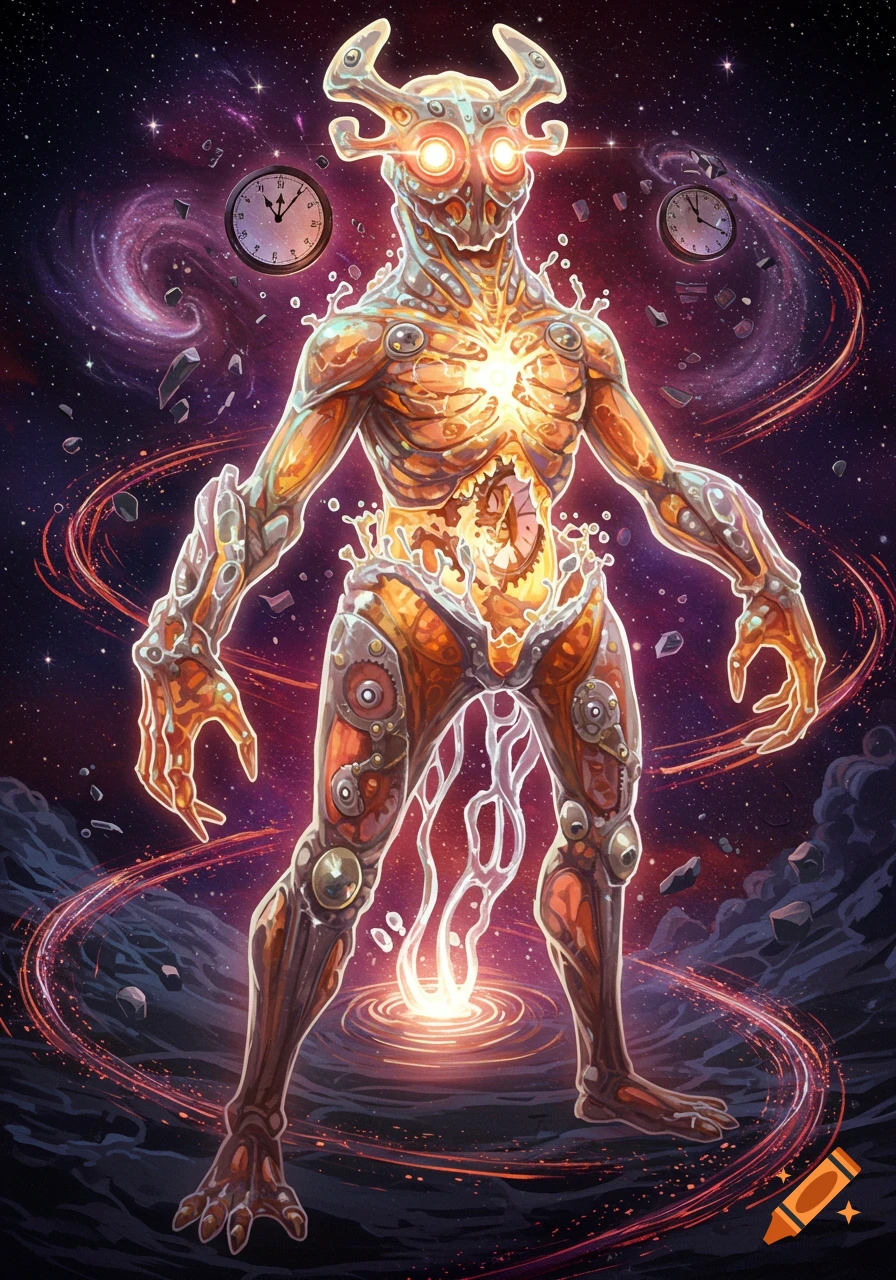 Luminous, gear-bodied monster with glowing eyes and horns, standing in a cosmic nebula with floating clocks and a swirling energy vortex.