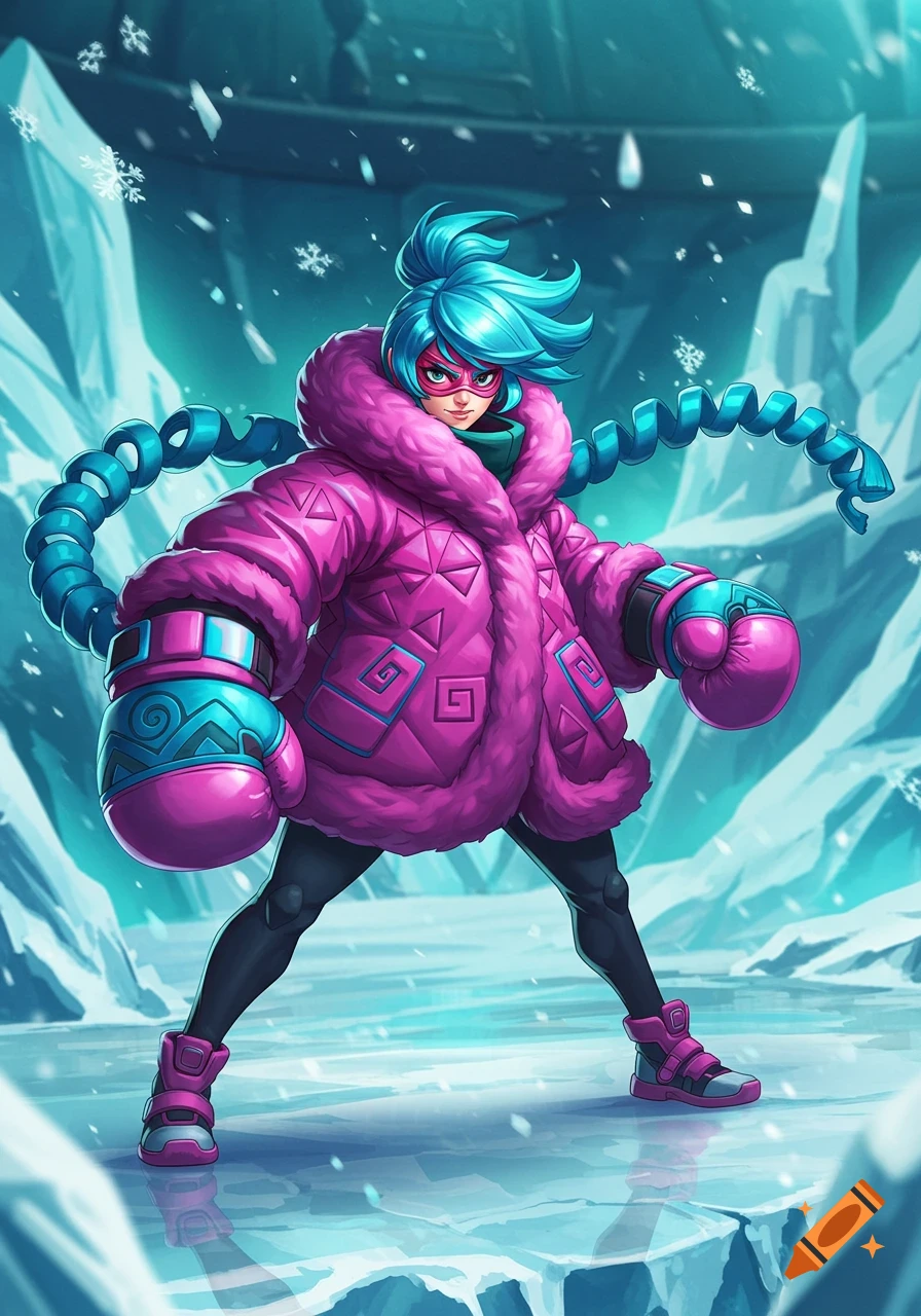 A stylized anime-style woman with blue hair, a pink coat, and boxing gloves stands in a snowy, icy landscape.