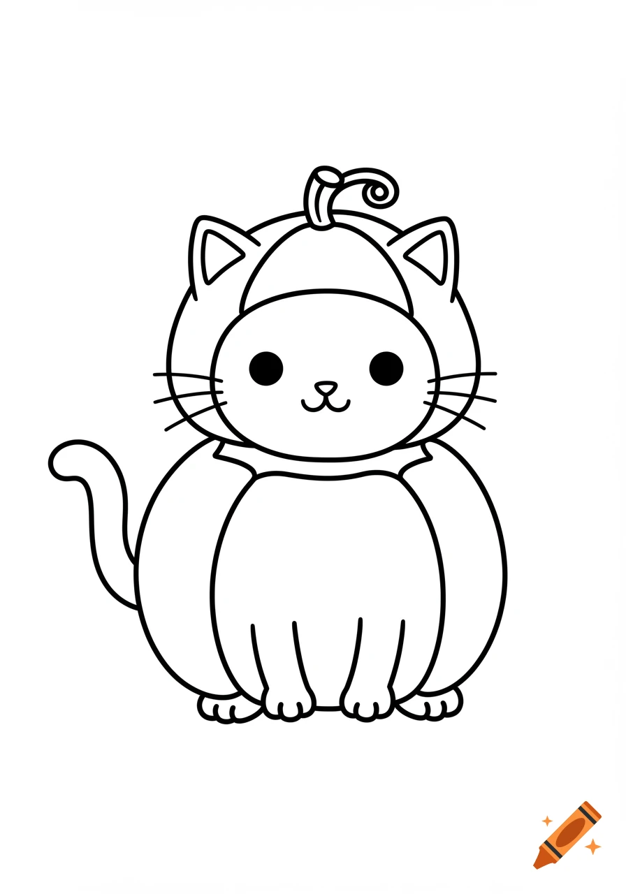 A simple black and white line art of a cute cartoon cat wearing a pumpkin costume, suitable for a toddler's coloring book.