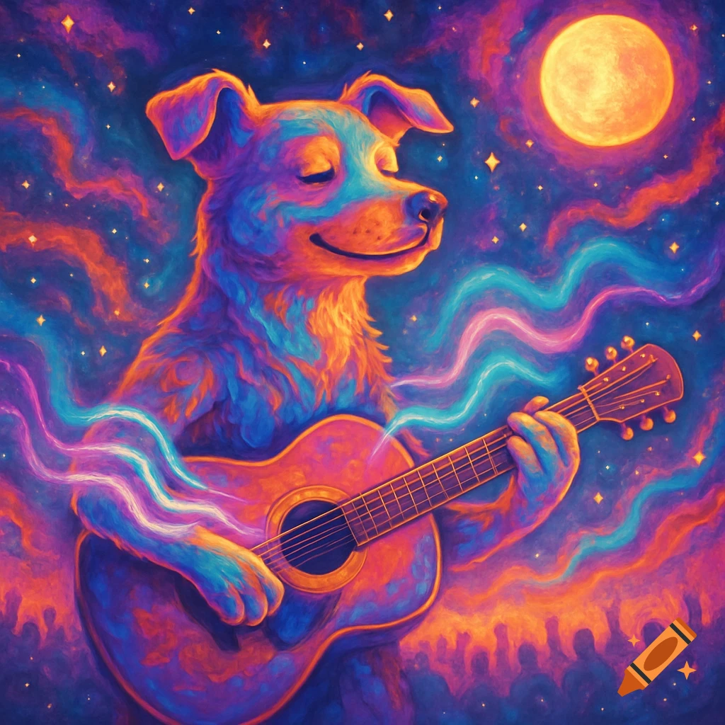 A psychedelic painting of a joyful dog playing an acoustic guitar under a vibrant, starry night sky with a full moon.