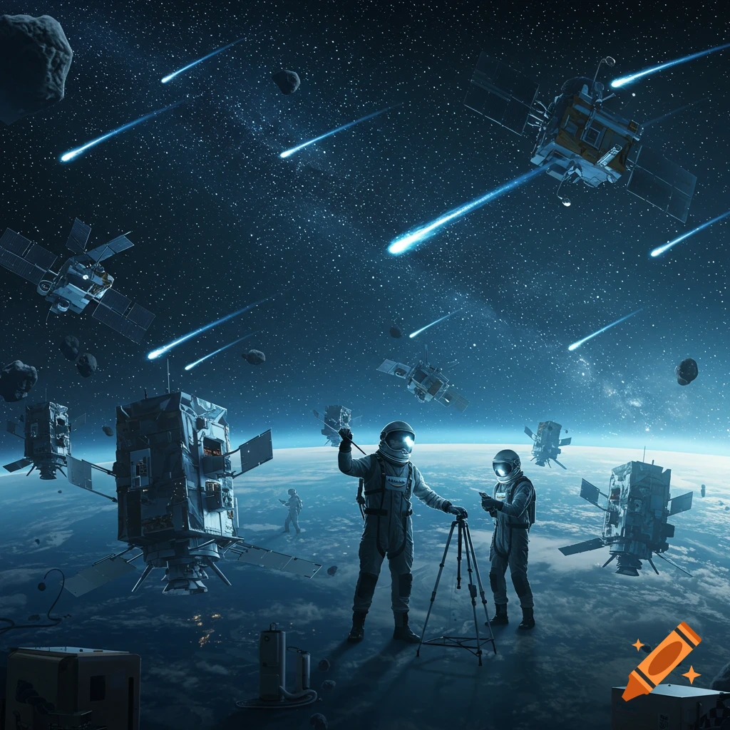 Two astronauts stand in Earth's orbit surrounded by satellites and meteors, with Earth's surface visible below.