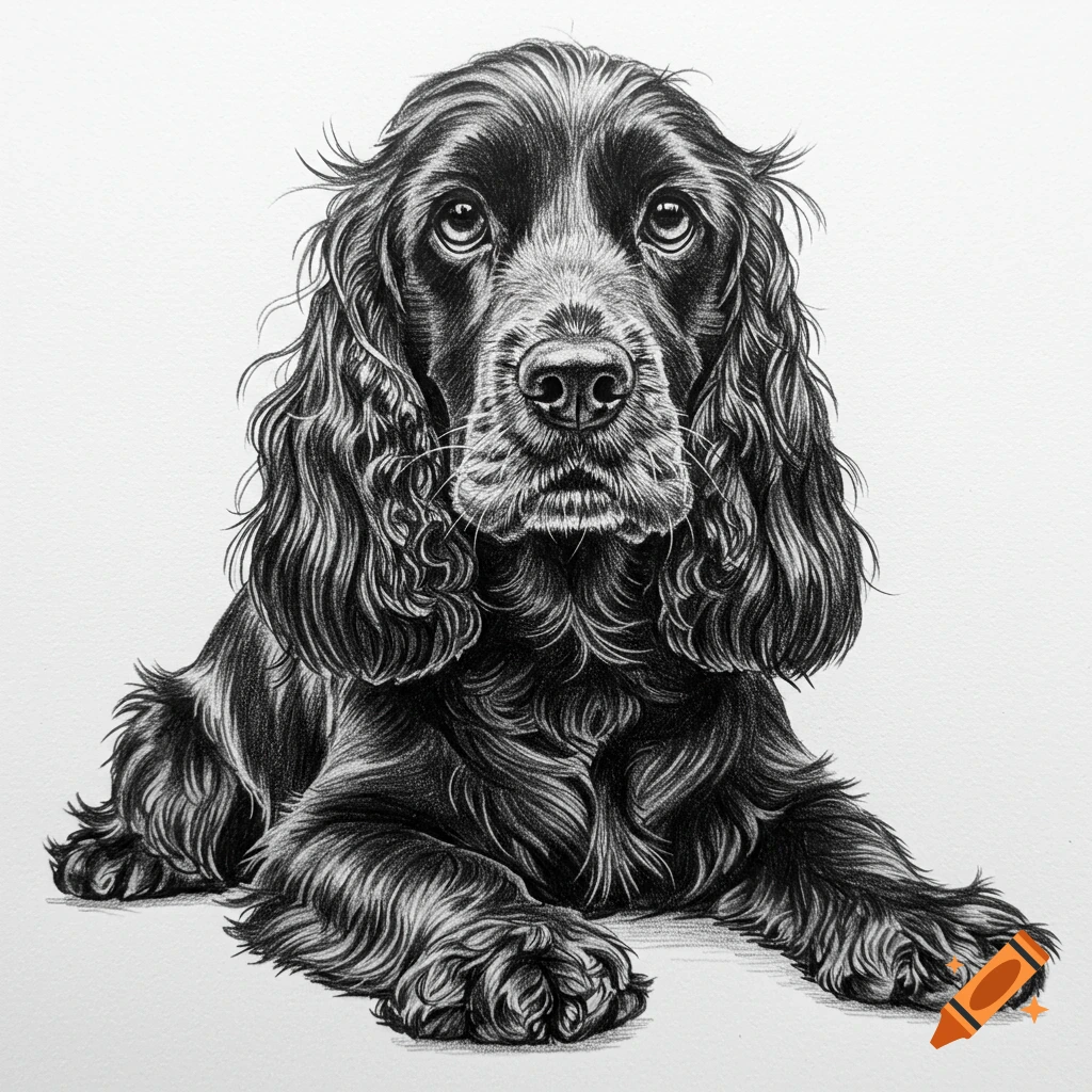 Detailed black and white pencil sketch of a black cocker spaniel lying down, looking forward.