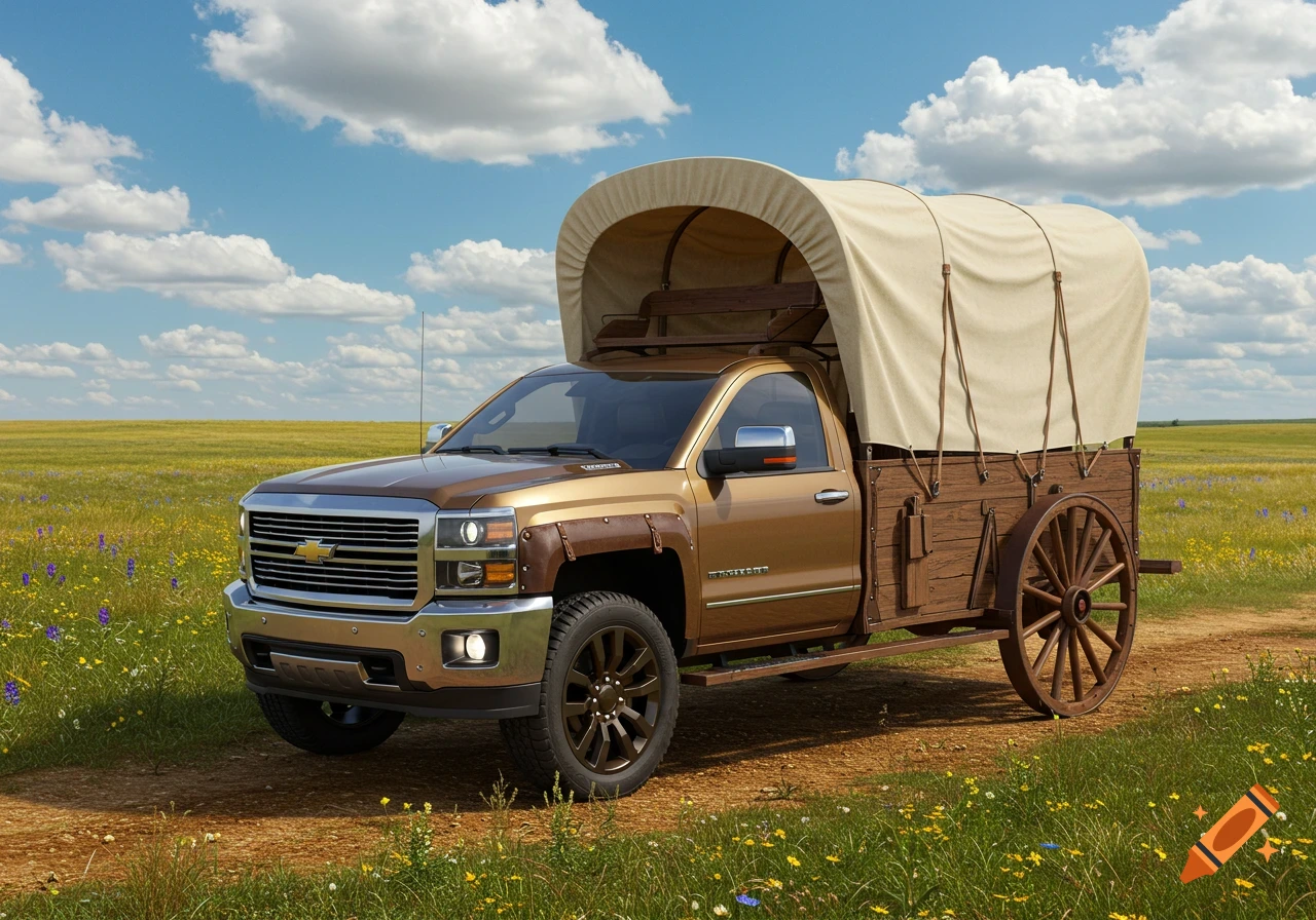 Photorealistic image of a brown pickup truck modified with a covered wagon bed, driving on a dirt road through a sunny field.