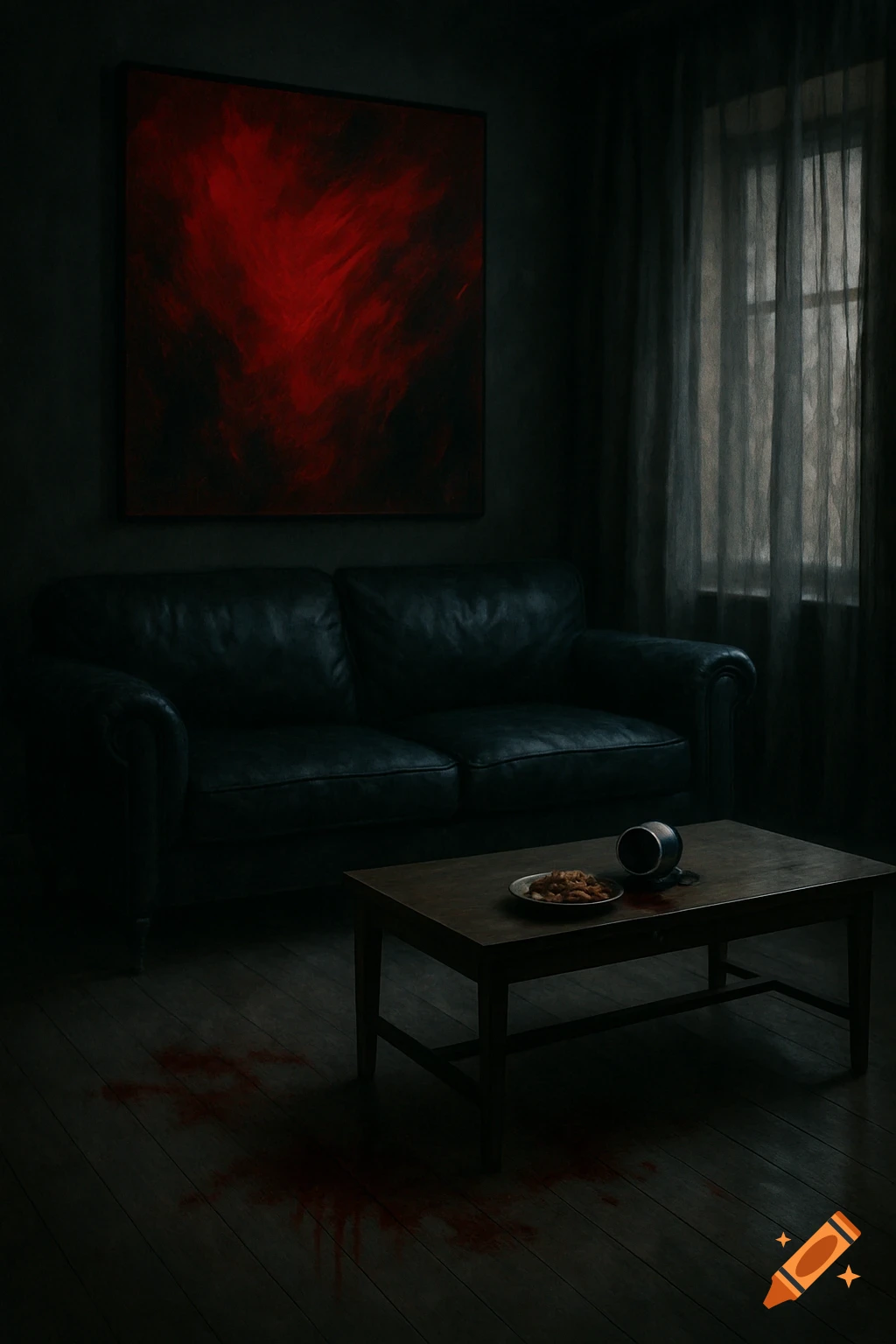 Dark, somber living room with a black leather couch, spilled coffee, cookies, and blood stains on the floor. A large red abstract painting hangs above the couch.