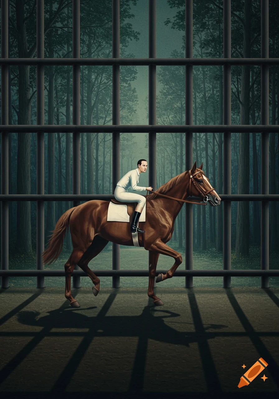 A man in a white suit rides a brown horse behind dark prison bars, with a dense forest in the background, in a surreal painterly style.