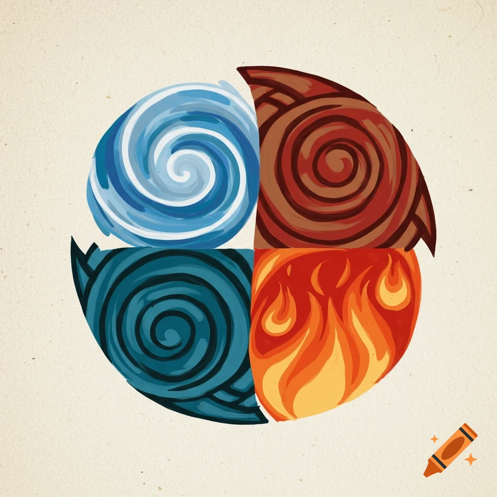 Stylized circular illustration of four elemental symbols: swirling blue water, dark blue earth, red-orange fire, and brown air.
