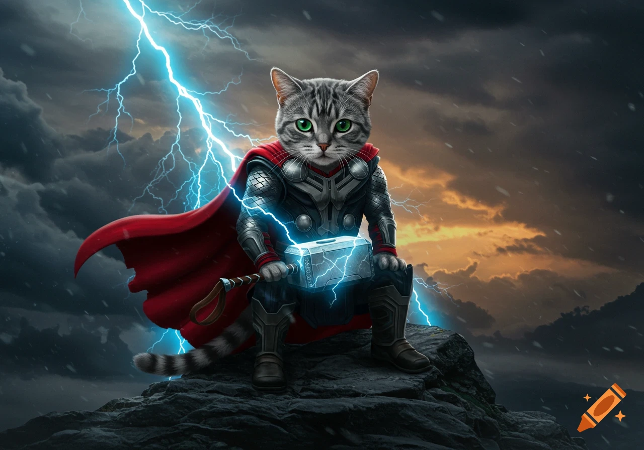 A grey tabby cat dressed as Thor, holding Mjolnir with lightning, sits on a rocky cliff under a stormy sky.
