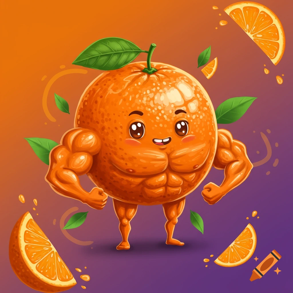 A muscular, smiling cartoon orange with tiny legs and leaves on its head, surrounded by orange slices and splashes, on an orange and purple background.