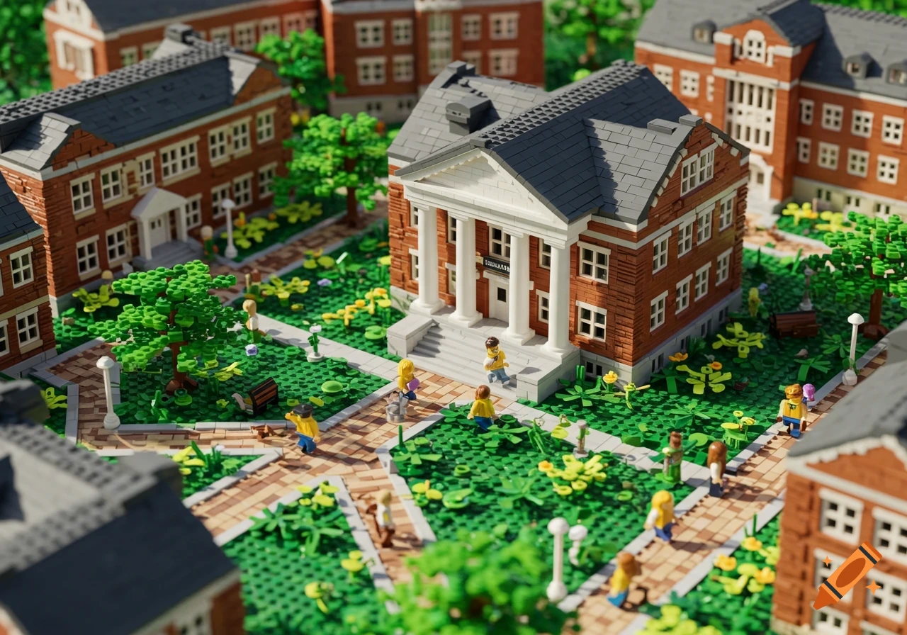 A detailed Lego set diorama of a university campus, featuring brick buildings, trees, pathways, and miniature figures.