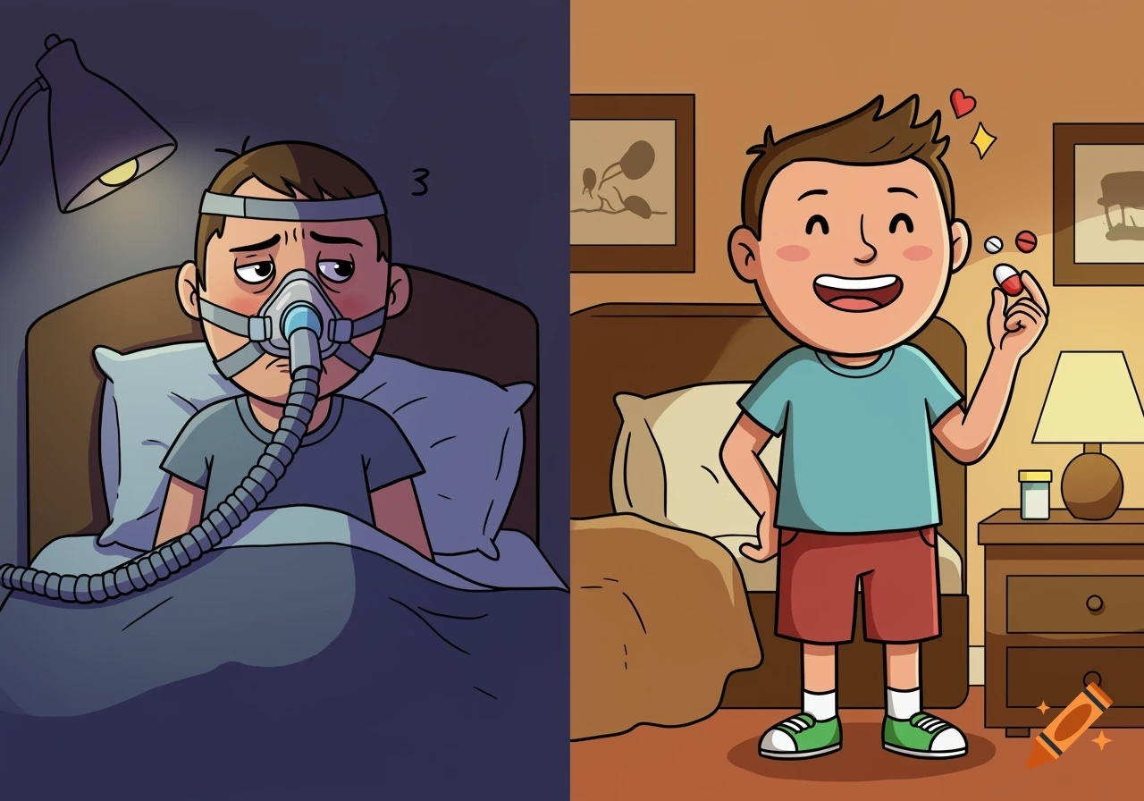 Cartoon depicting a man struggling with a CPAP mask at night, and then happily holding a pill during the day.