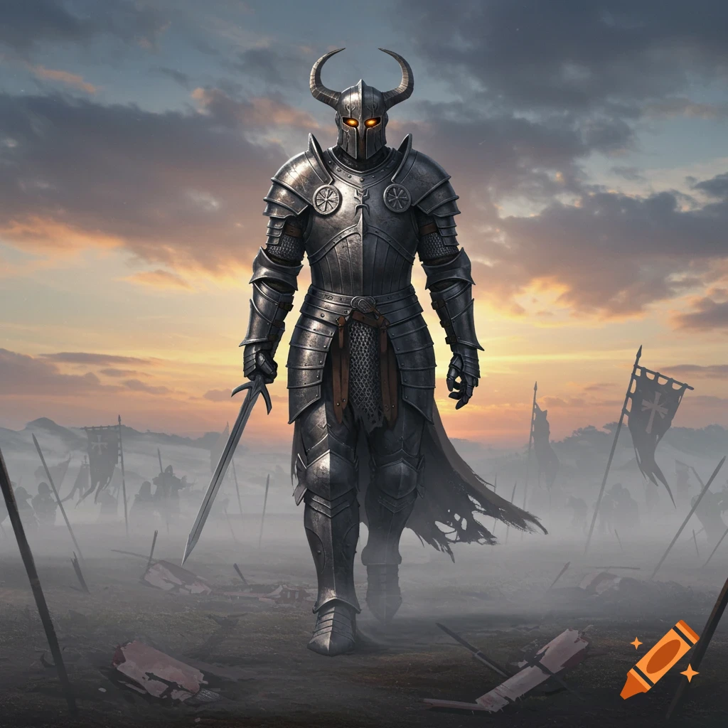 A horned dark knight in full silver armor with glowing eyes walks through a misty, desolate battlefield at sunset.