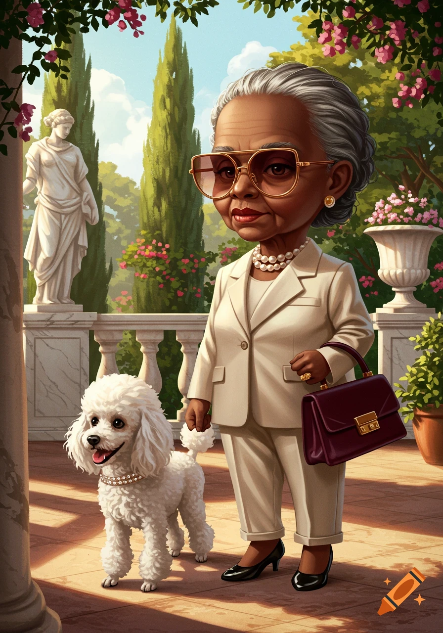 A cartoon elderly woman in a cream suit, sunglasses, and pearls stands with her white poodle in a lush garden with a classical statue.