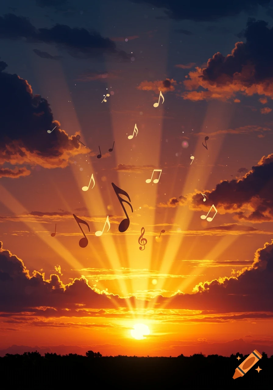 A vibrant digital art image of a sunset with orange clouds and sun rays, with musical notes floating in the sky.