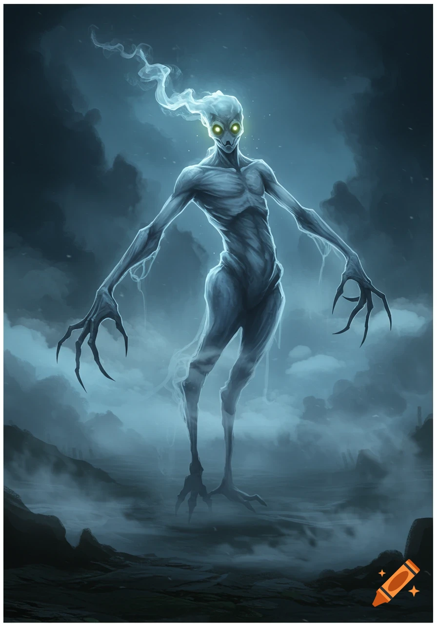 A spectral, gaunt creature with glowing green eyes, long claws, and bird-like feet, rising from a misty, dark landscape.