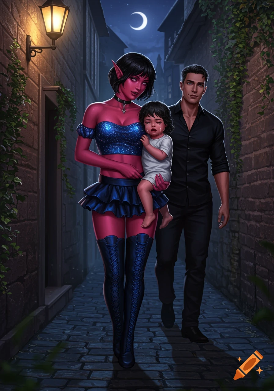 Digital art of a pink-skinned elf woman holding a crying child, with a man walking beside her in a dark medieval alleyway under a crescent moon.