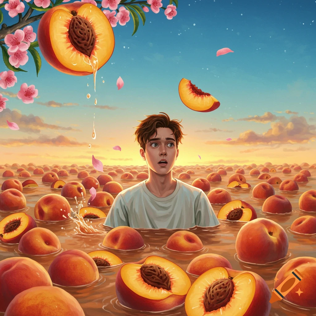 A wide-eyed man stands chest-deep in water surrounded by numerous peaches and peach halves, with peach blossoms overhead and a sunset sky.