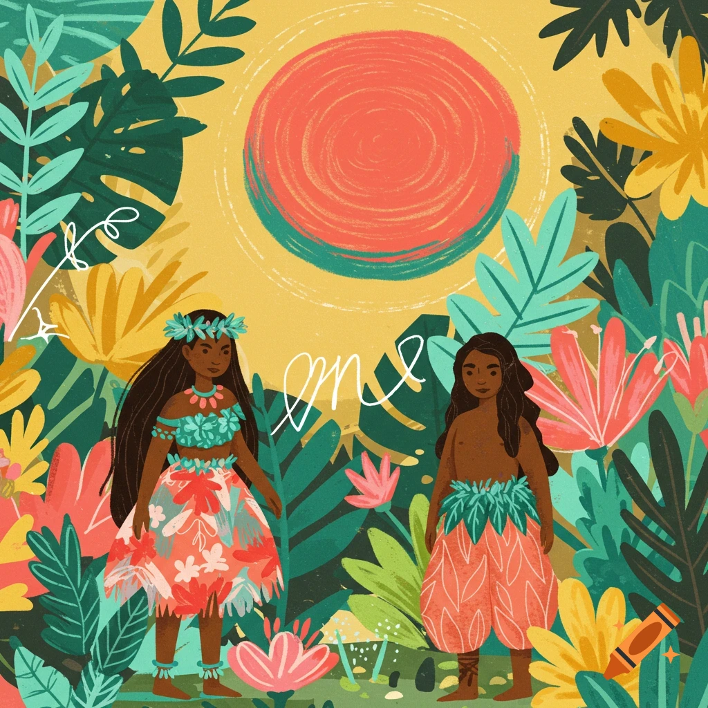 An illustration of two people in traditional attire standing among lush tropical plants and flowers under a coral sun.
