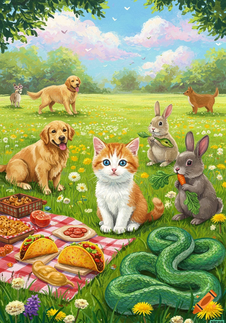 An illustration of a kitten, dogs, bunnies, and a snake having a picnic with tacos in a sunny, flower-filled meadow.