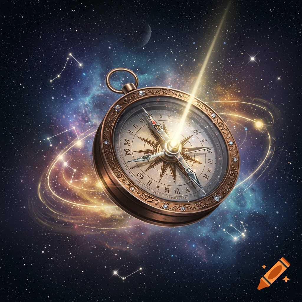Ornate antique compass with a glowing light beam floats in a vibrant starry cosmic background with constellations.