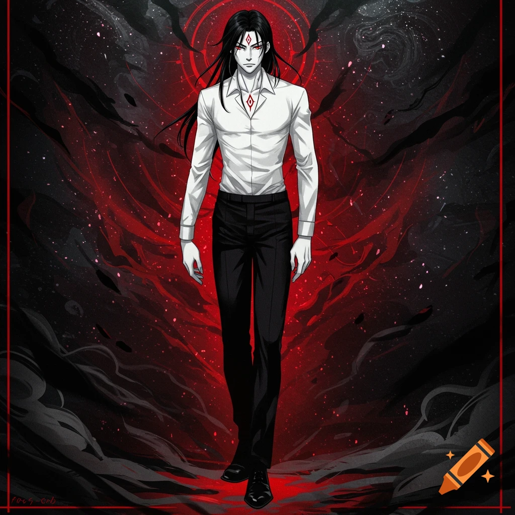 Anime man with long black hair, red eyes, and a red diamond mark on his forehead and white shirt, standing against a swirling red and black background.