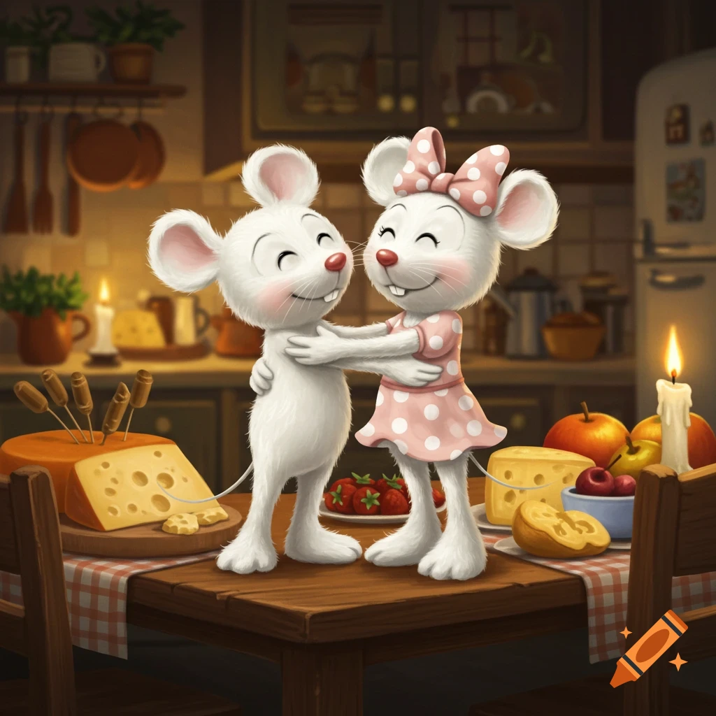 Two happy white cartoon mice hug in a cozy candlelit kitchen with cheese and fruit on the table.