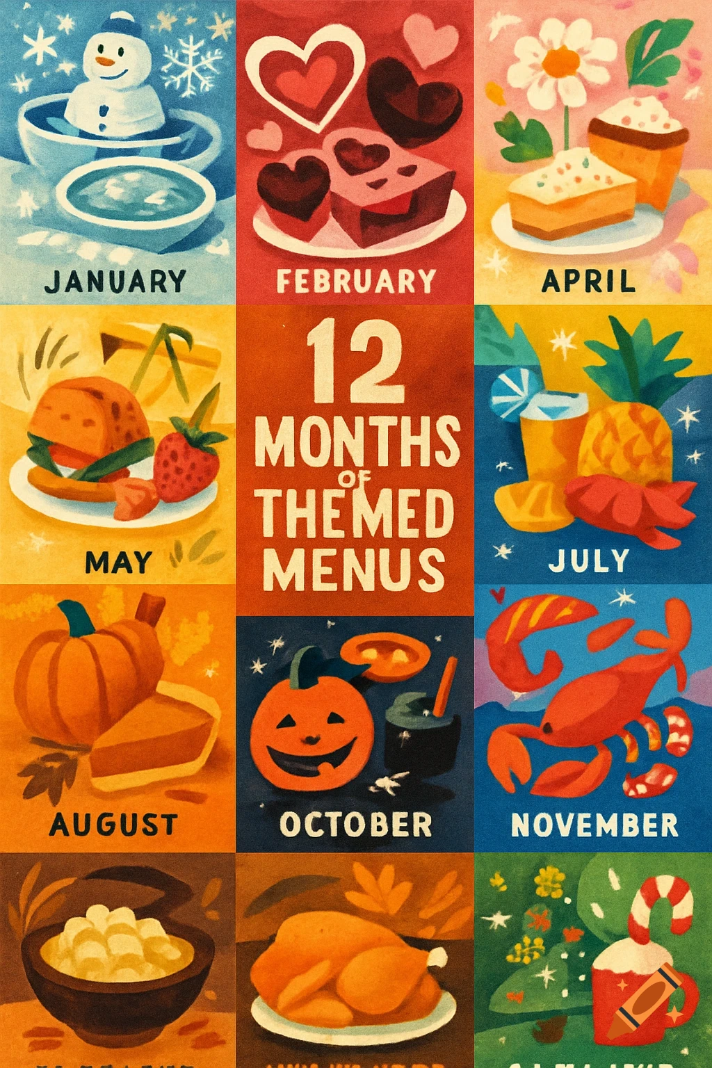 A stylized restaurant poster depicts a 12-month calendar of themed menus with illustrations for each month, such as a snowman for January, hearts for February, and a pumpkin for October. The central text reads "12 MONTHS OF THEMED MENUS".