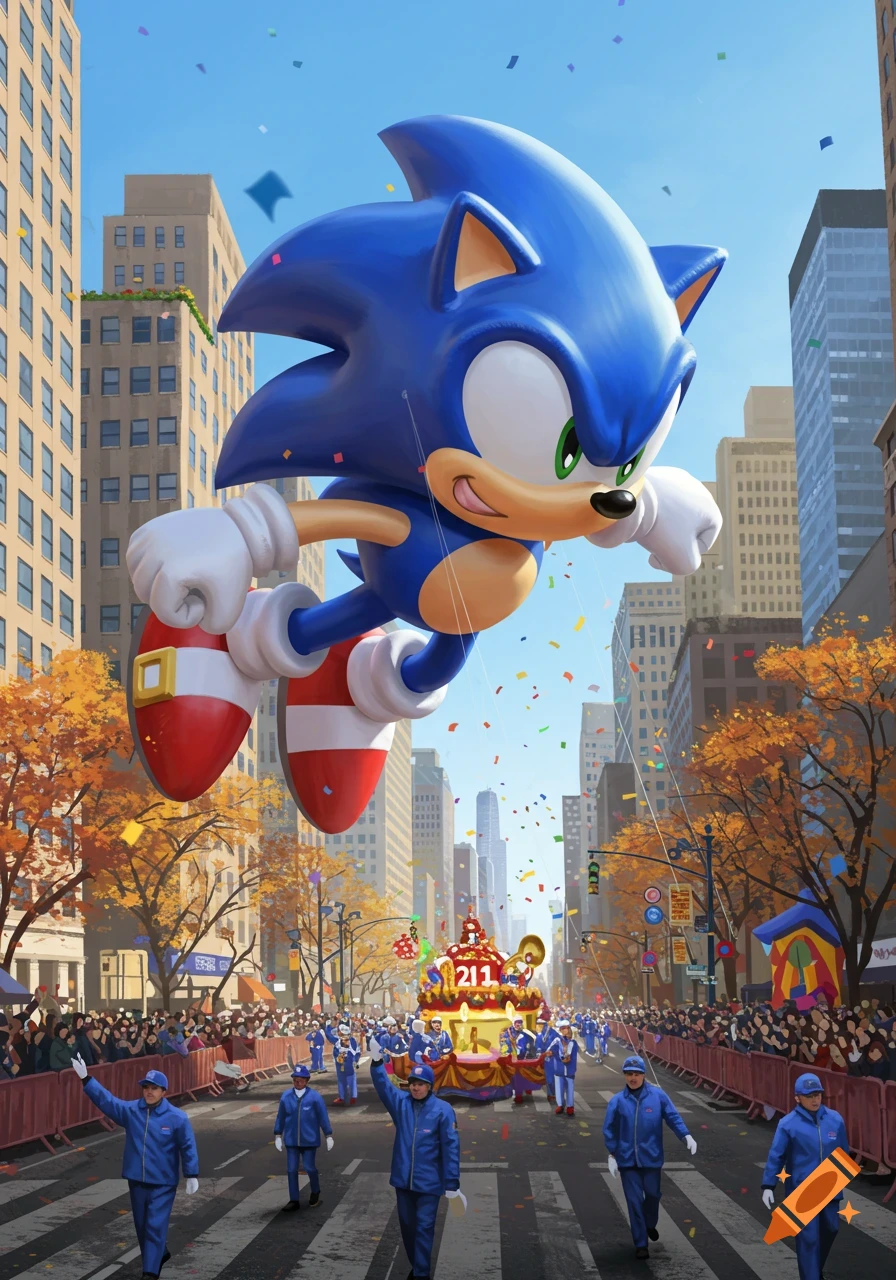 A giant Sonic the Hedgehog balloon floats above a city street during a sunny parade with confetti and onlookers.