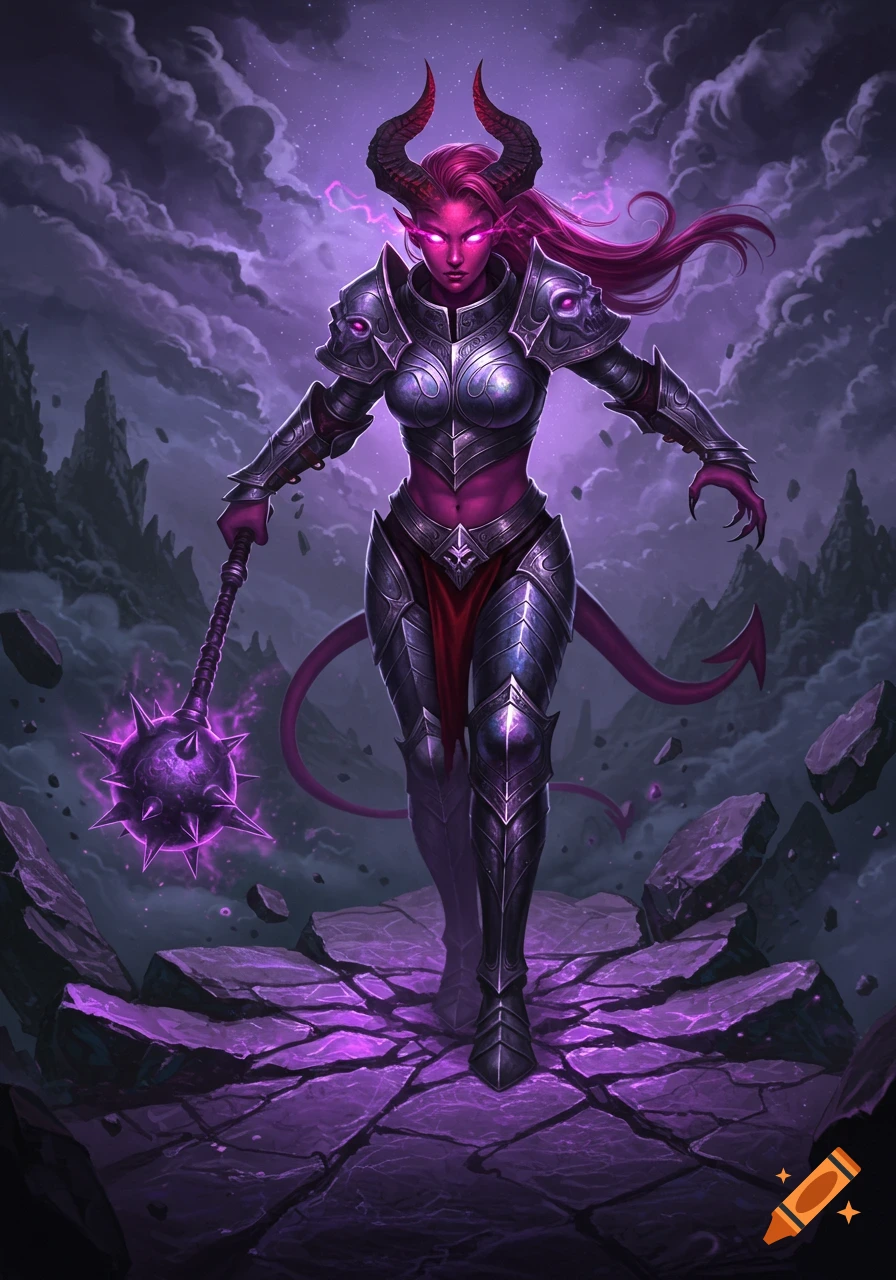 A purple-skinned devil girl in ornate silver armor stands on shattered purple rocks, holding a glowing mace under a dark, cloudy sky. Fantasy art.
