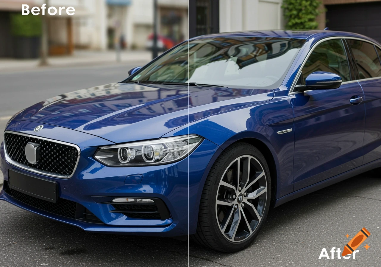 A blue car in a split image, showing a blurred 'Before' state on the left and a sharp, detailed 'After' state on the right.