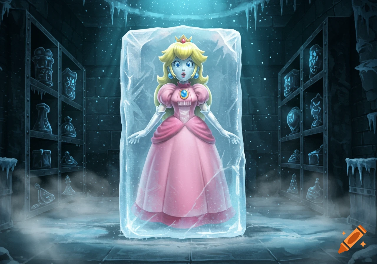 Princess Peach, frozen in an ice block, stands in a dark, icy storage room with shelves. Digital illustration.
