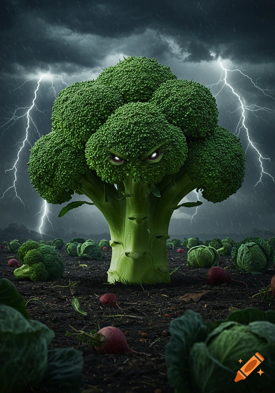 A menacing broccoli monster with glowing eyes stands in a stormy field with lightning, surrounded by other vegetables.