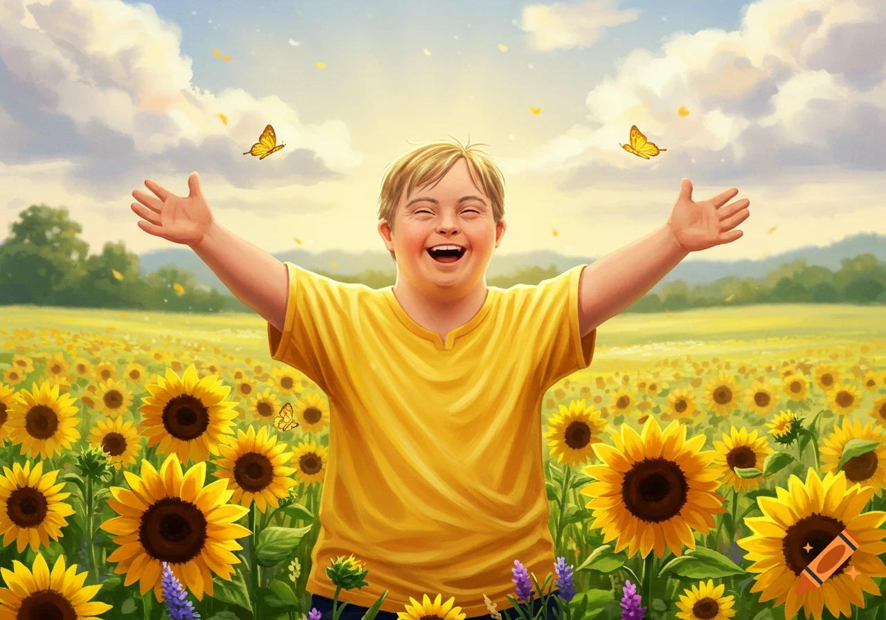 Happy child with Down syndrome in a vibrant sunflower field, arms outstretched under a sunny sky with butterflies. Illustration.